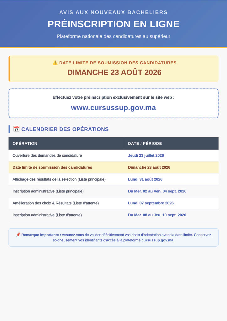 Préinscription Nouveaux Bacheliers 2026-2027