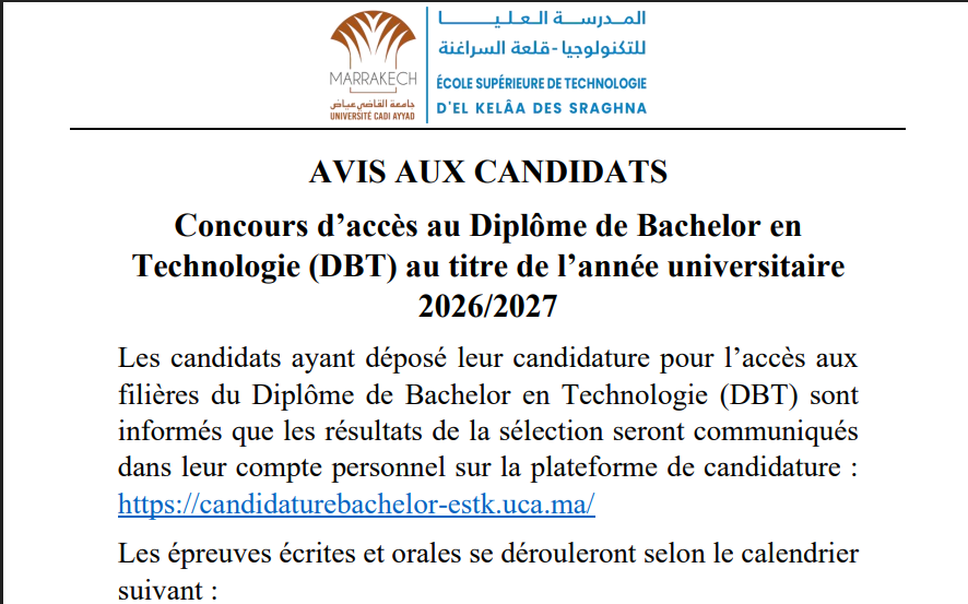 Concours d’accès au DBT 2026/2027