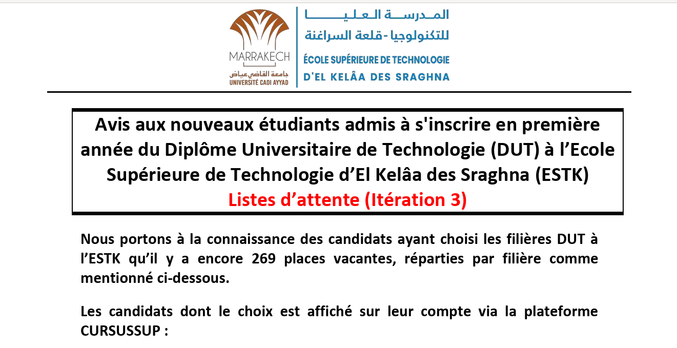 Avis aux nouveaux étudiants admis à s'inscrire en première année du Diplôme Universitaire de Technologie (DUT)