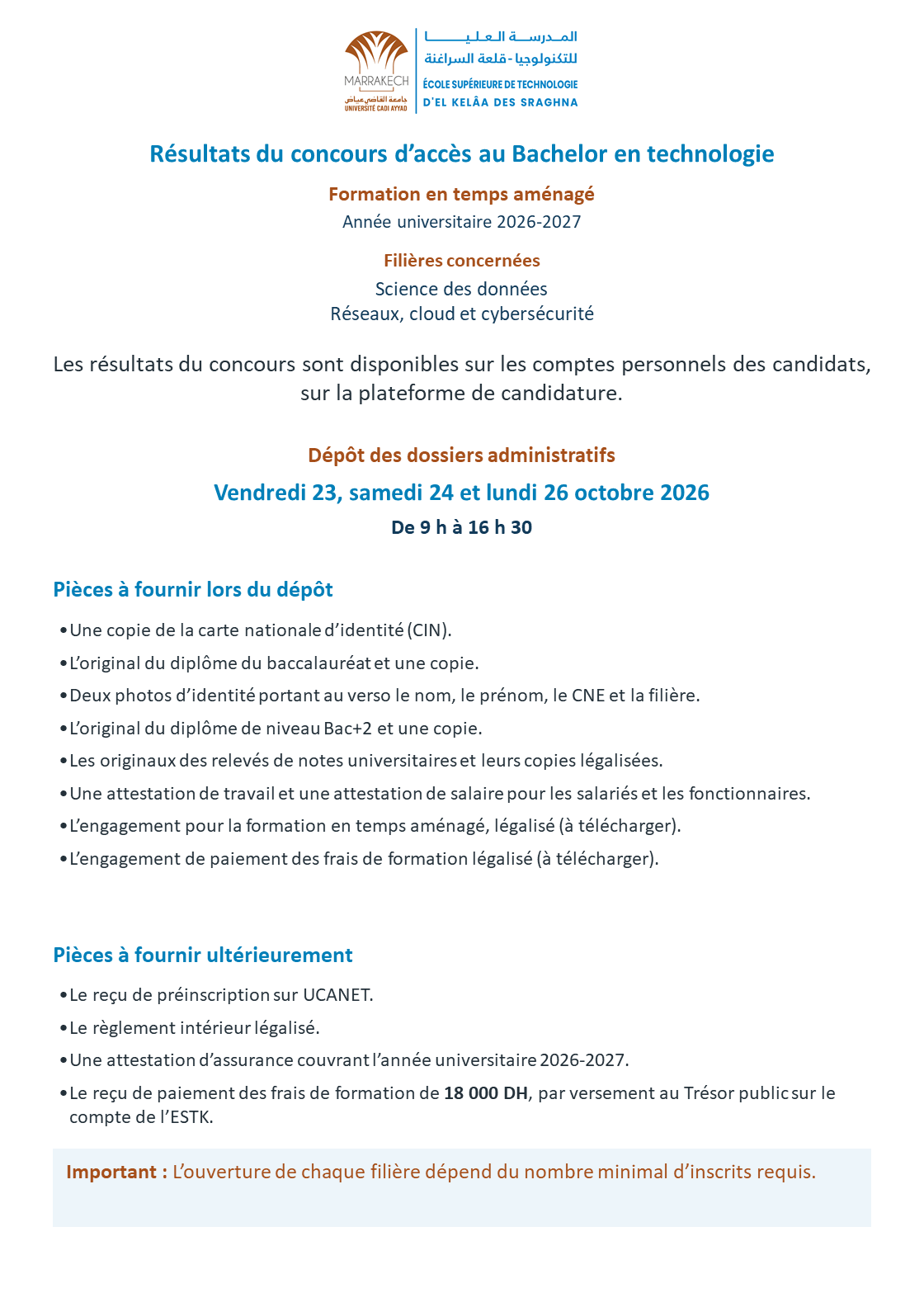 Résultats du concours d’accès au Bachelor en Technologie